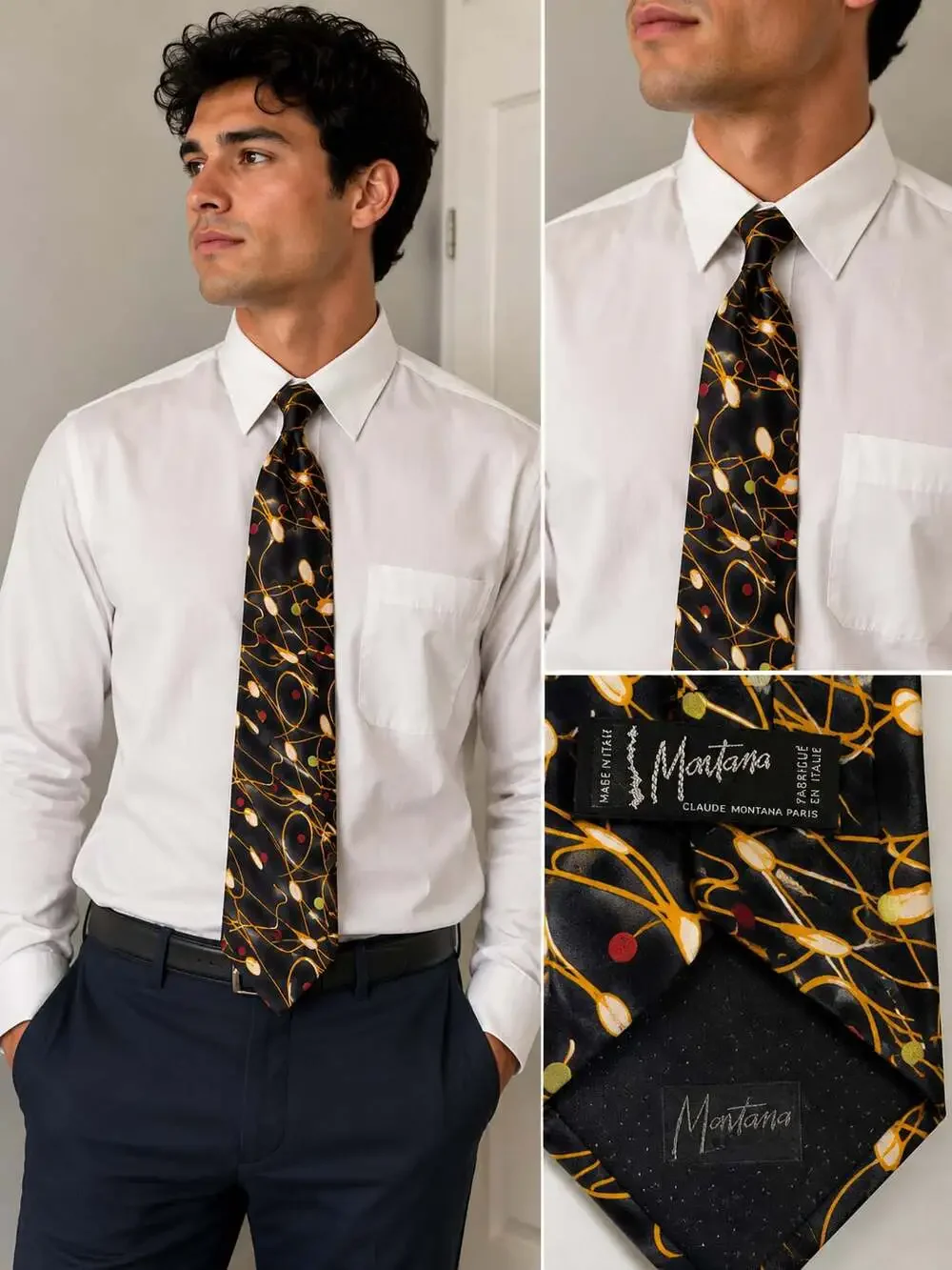 Vintage Claude Montana Paris 100% Silk Tie Mens Abstract Designer Necktie